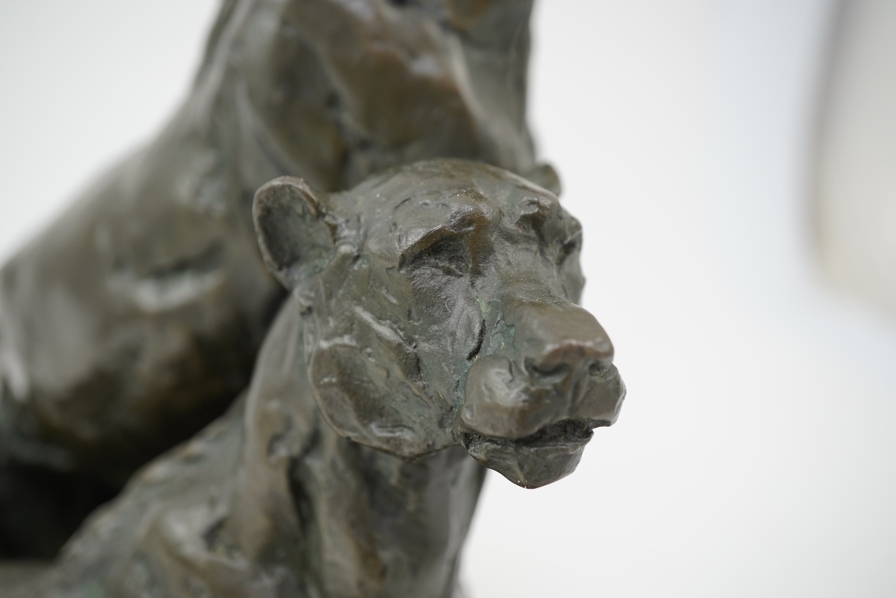 Miguel Fernando Lopez (Portuguese, contemporary): A painted bronze group of two lionesses